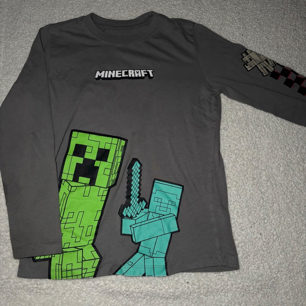 Minecraft Boys Grey Long Sleeve Graphic T-Shirt Creeper Steve Size 6/7